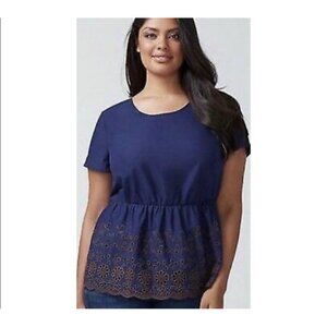 Lane Bryant Blue Tunic Shirt Short Flutter Sleeve Peplum Eyelet Embroidery 28